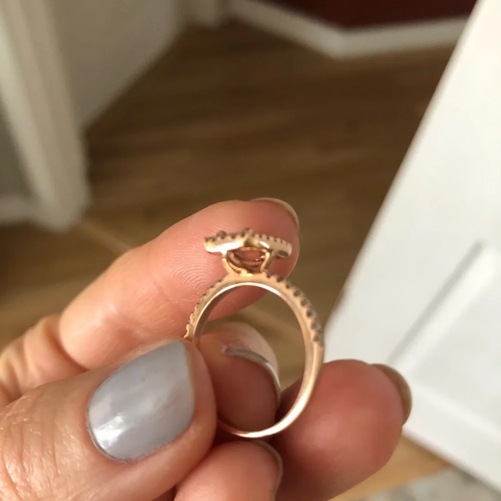 14k rose gold, diamond and emerald cut peach sapphire engagement ring - Picture 10 of 16